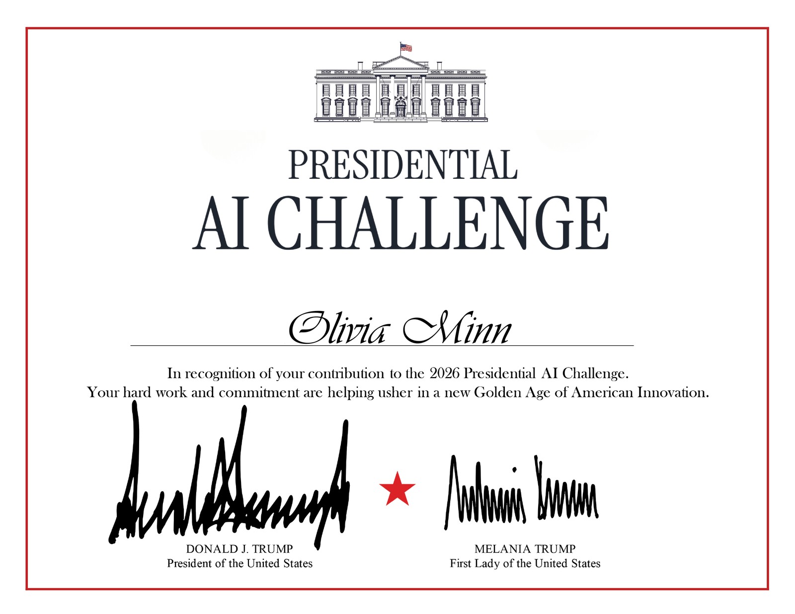 Presidential AI Challenge certificate awarded to Olivia Minn, 2026